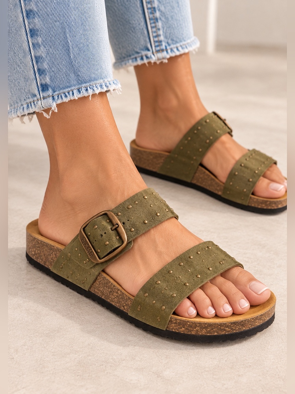 Plakton Claire Soft Green Suede Studded Slide Sandals 39 US 8